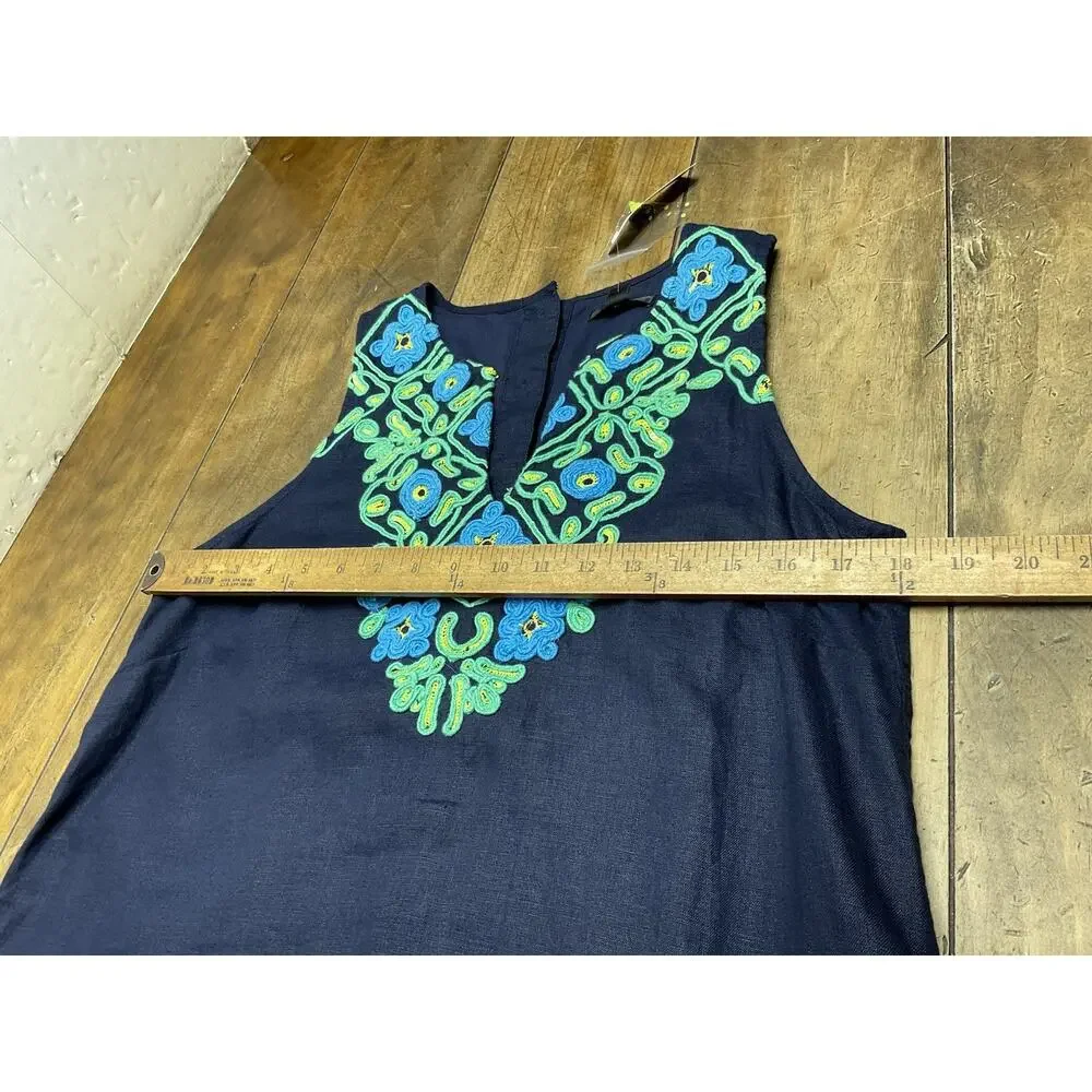 J.CREW Shift Dress Navy Blue Green Embroidered Linen Sleeveless Floral Button MT